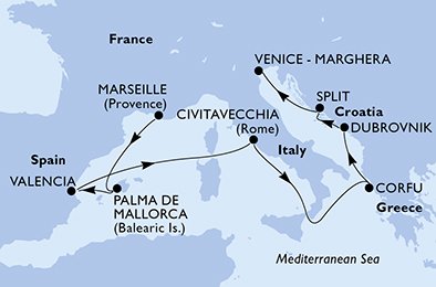 Visiting: Palma de Mallorca, Valencia, Civitavecchia, CorfÃ¹,...