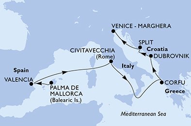 Visiting: Valencia, Civitavecchia, CorfÃ¹, Dubrovnik, Split, Venice...